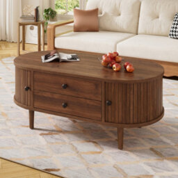 Matteo Modern Retro Oval Coffee Table In Walnut With Sliding Doors And 2 Drawers - thumbnail 7
