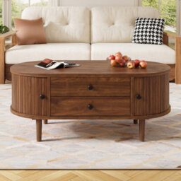 Matteo Modern Retro Oval Coffee Table In Walnut With Sliding Doors And 2 Drawers - thumbnail 6