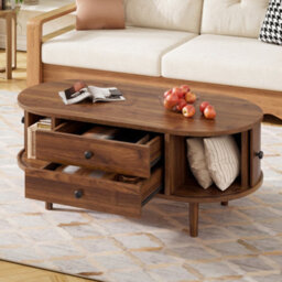 Matteo Modern Retro Oval Coffee Table In Walnut With Sliding Doors And 2 Drawers - thumbnail 5