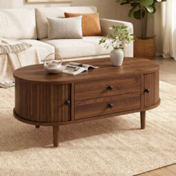 Matteo Modern Retro Oval Coffee Table In Walnut With Sliding Doors And 2 Drawers - thumbnail 2