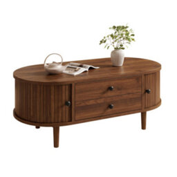 Matteo Modern Retro Oval Coffee Table In Walnut With Sliding Doors And 2 Drawers - thumbnail 8