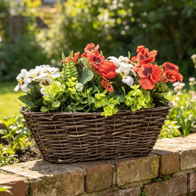 Best Artificial Red & White Pre-Made 40Cm Pansy Flower Arrangement In Rattan Wicker Trough - Suitable For Garden Use - image 1