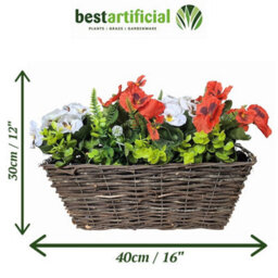 Best Artificial Red & White Pre-Made 40Cm Pansy Flower Arrangement In Rattan Wicker Trough - Suitable For Garden Use - thumbnail 2
