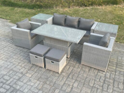 Fimous Rattan Garden Funiture Set Adjustable Rising Lifting Table Sofa Dining Set With 2 Arm Chair 2 Side Table Stools - thumbnail 1