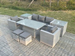 Fimous Rattan Garden Funiture Set Adjustable Rising Lifting Table Sofa Dining Set With 2 Arm Chair 2 Side Table Stools - thumbnail 3