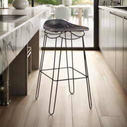 Fwstyle Real Black Leather Bar Stool Metal Frame Ready Assembled - thumbnail 1