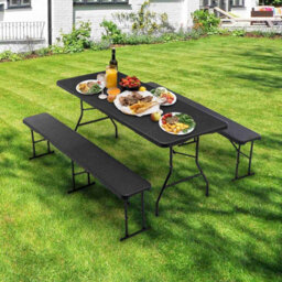 Birchtree Folding Table & 2 Benches Set Foldable 3 Pcs For Picnic Garden Camping Bbq Black
