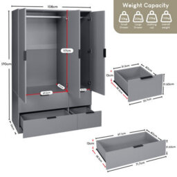 Lassic Vida Designs Trega 3 Door Wardrobe With 4 Drawer Storage Bedroom Cabinet Freestanding Furniture (H)170 X (W)108 X (D)54 Cm, Grey - thumbnail 3