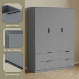 Lassic Vida Designs Trega 3 Door Wardrobe With 4 Drawer Storage Bedroom Cabinet Freestanding Furniture (H)170 X (W)108 X (D)54 Cm, Grey - thumbnail 8