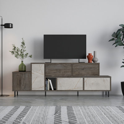 "Decortie Hermes Modern Tv Unit Multimedia Centre Large Storage 52"" Tvs Cabinet Dark Coffee Gold Marble Effect 171.2Cm" - image 1