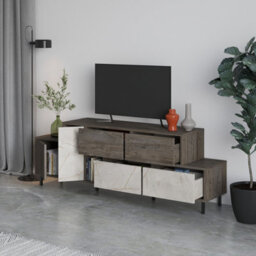 "Decortie Hermes Modern Tv Unit Multimedia Centre Large Storage 52"" Tvs Cabinet Dark Coffee Gold Marble Effect 171.2Cm" - thumbnail 5