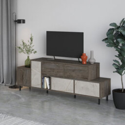 "Decortie Hermes Modern Tv Unit Multimedia Centre Large Storage 52"" Tvs Cabinet Dark Coffee Gold Marble Effect 171.2Cm" - thumbnail 4