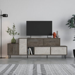 "Decortie Hermes Modern Tv Unit Multimedia Centre Large Storage 52"" Tvs Cabinet Dark Coffee Gold Marble Effect 171.2Cm"