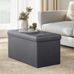 Ottoman, Storage Chest Box, Foldable Storage Bench, Footstool, Padded Seat, Synthetic Leather, Dark Grey