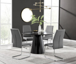 Furniturebox Uk Palma Black Semi Gloss Round Dining Table & 4 Grey Lorenzo Chairs - thumbnail 1