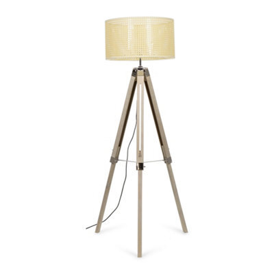 Valuelights Clipper Distressed Wood And Silver Chrome Tripod Floor Lamp Cream Rattan Wicker Effect Shade - image 1