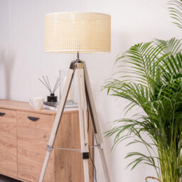 Valuelights Clipper Distressed Wood And Silver Chrome Tripod Floor Lamp Cream Rattan Wicker Effect Shade - thumbnail 7