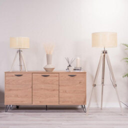 Valuelights Clipper Distressed Wood And Silver Chrome Tripod Floor Lamp Cream Rattan Wicker Effect Shade - thumbnail 5