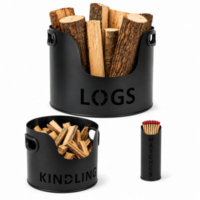 Kingtoss Black Metal Firewood Log Holder With Kindling And Matchstick Holders Set For Fireplace And Wood Burner - image 1
