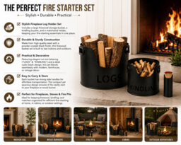 Kingtoss Black Metal Firewood Log Holder With Kindling And Matchstick Holders Set For Fireplace And Wood Burner - thumbnail 3