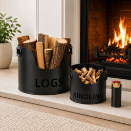 Kingtoss Black Metal Firewood Log Holder With Kindling And Matchstick Holders Set For Fireplace And Wood Burner - thumbnail 2
