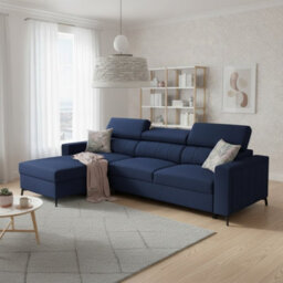 Baltico I Mini Modern Corner Sofa Bed Has Adjustable Profiled Headrests Storage Compact Fabric Lshape Settee Dark Blue Left - thumbnail 1