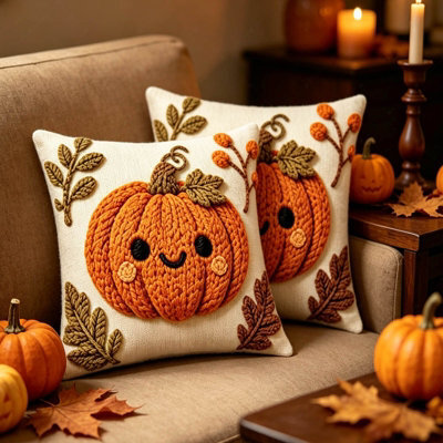 Amorly 2Pack Autumn Cushion Covers, Cute Smiling Pumpkin 2D Print Throw Pillowcases, No Pillow Insert, Farmhouse Home Decor For Sofa - image 1