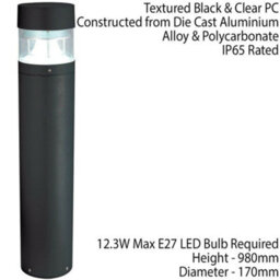 1M Tall Ip65 Outdoor Lamp Post Bollard Black Round Flat Top E27 Driveway Light - thumbnail 2