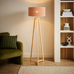 Valuelights Lottie Wooden Tripod Floor Lamp With Orange Checkerboard Bamboo Shade
