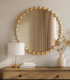 Deenz Golden Beaded Bordered Frame Circular Shape Wall Hanging Mirror Glass Contemporary Finish With Metal Body Hooks On Back 80 Cm