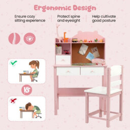 Gainoom Kids Pink Desk And Chair Set Wooden Children Study Table Student Writing Desk For Kids 3+ - thumbnail 8