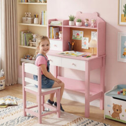 Gainoom Kids Pink Desk And Chair Set Wooden Children Study Table Student Writing Desk For Kids 3+