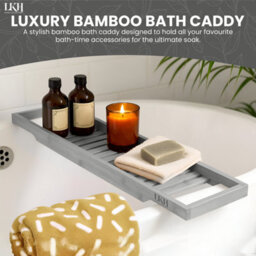 LKH Home Collection Bath Caddy Tray Natural Bamboo Bathtub Organizer Water Resistant Bath Tray For Bathroom Accessories Phone Glass Book - thumbnail 2