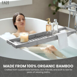 LKH Home Collection Bath Caddy Tray Natural Bamboo Bathtub Organizer Water Resistant Bath Tray For Bathroom Accessories Phone Glass Book - thumbnail 5