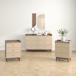 Melody Maison Large Cream & Wood 6 Drawer Chest Of Drawers & Pair Of 3 Drawer Bedside Tables - Oswin Range