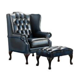 Chesterfield Flat Wing Chair + Footstool Antique Blue Leather In Mallory Style