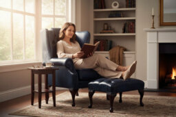 Chesterfield Flat Wing Chair + Footstool Antique Blue Leather In Mallory Style - thumbnail 2