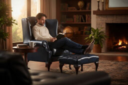Chesterfield Flat Wing Chair + Footstool Antique Blue Leather In Mallory Style - thumbnail 3