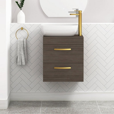 Royal Bathrooms 500mm Wall Hung Vanity Unit 2 Drawer Grey Elm & Elva Countertop Basin With Brushed Brass Handle - image 1