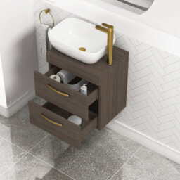 Royal Bathrooms 500mm Wall Hung Vanity Unit 2 Drawer Grey Elm & Elva Countertop Basin With Brushed Brass Handle - thumbnail 3