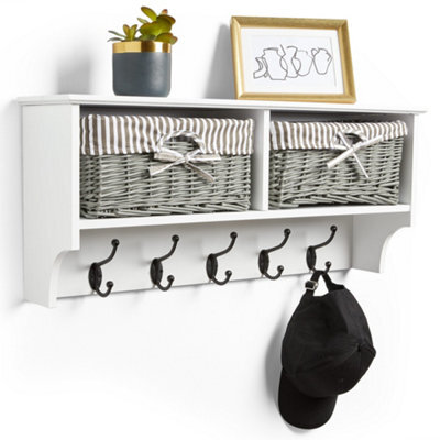 Vonhaus Coat Hooks Wall Mounted - White Coat Rack Shelf W/ 2 Grey Wicker Storage Baskets & 5 Strong Double Coat Hooks For Hallway - image 1