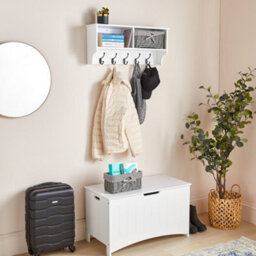 Vonhaus Coat Hooks Wall Mounted - White Coat Rack Shelf W/ 2 Grey Wicker Storage Baskets & 5 Strong Double Coat Hooks For Hallway - thumbnail 8