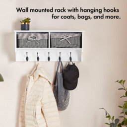 Vonhaus Coat Hooks Wall Mounted - White Coat Rack Shelf W/ 2 Grey Wicker Storage Baskets & 5 Strong Double Coat Hooks For Hallway - thumbnail 2