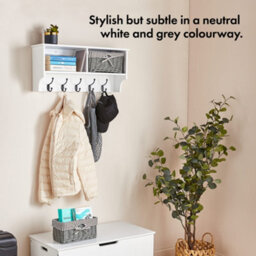 Vonhaus Coat Hooks Wall Mounted - White Coat Rack Shelf W/ 2 Grey Wicker Storage Baskets & 5 Strong Double Coat Hooks For Hallway - thumbnail 3