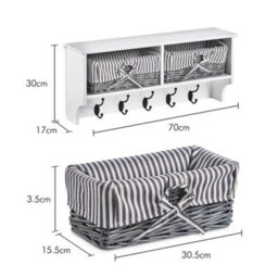 Vonhaus Coat Hooks Wall Mounted - White Coat Rack Shelf W/ 2 Grey Wicker Storage Baskets & 5 Strong Double Coat Hooks For Hallway - thumbnail 4