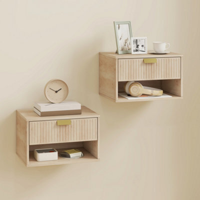 Homcom Floating Bedside Tables Set Of 2 With Fluted Drawer Open Shelf Oak - image 1