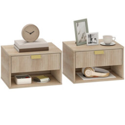 Homcom Floating Bedside Tables Set Of 2 With Fluted Drawer Open Shelf Oak - thumbnail 2