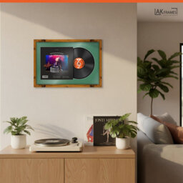"AK Frames 25X17"" Rustic Oak Modern Vinyl Record Frame With Emerald Mount For 12 Inch Lp Cover & Disc - Overlapped Design" - thumbnail 5