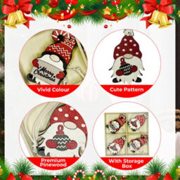 Neel Blue Wooden Xmas Tree Hanging Decorations, Red & White Gnome Ornaments With Merry Christmas - thumbnail 3