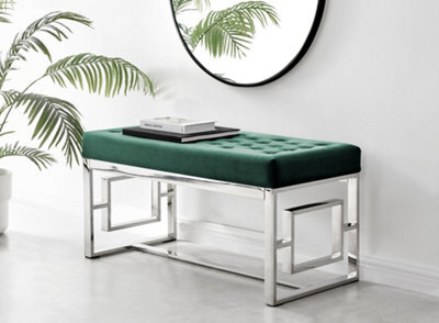 Furniturebox Cambridge Modern Green Buttoned Velvet And Elegant Silver Chrome Metal Bench - image 1